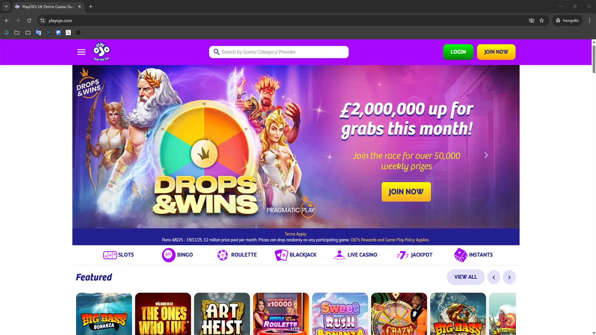 PlayOJO casino client — real screenshot 1